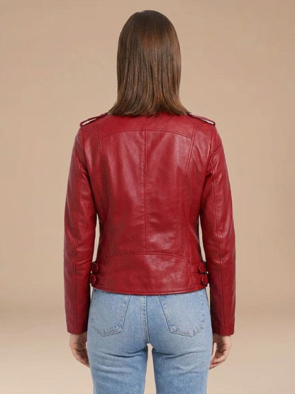 Women's Assymetric Zip Red Leather Biker Jacket