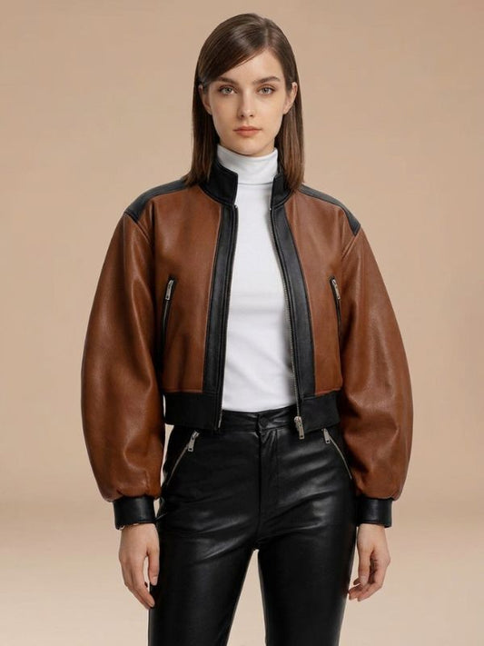 Women's Balloon Sleeves Cropped Leather Jacket