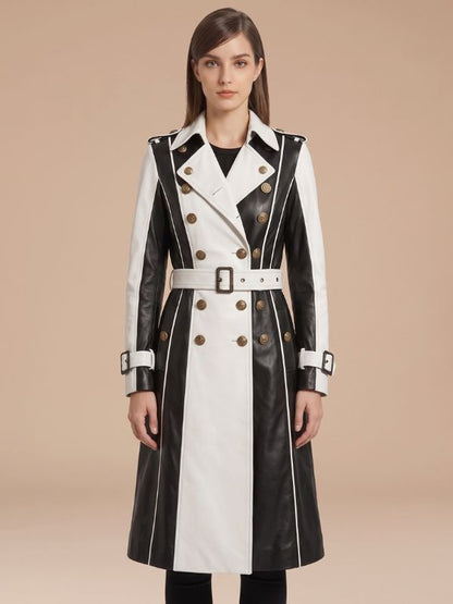 Women's Black & White Leather Trench Coat