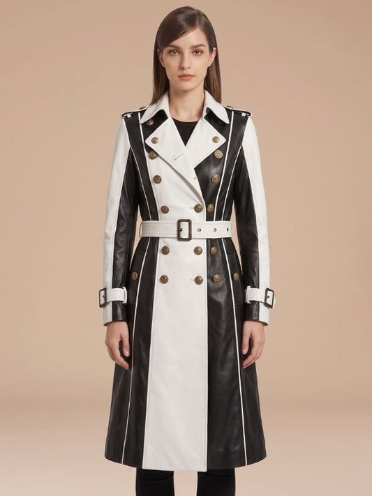 Women's Black & White Leather Trench Coat