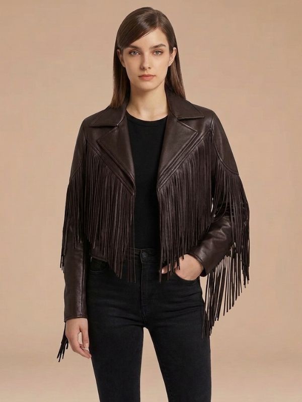 Womens Boho Western Style Fringe Leather Jacket
