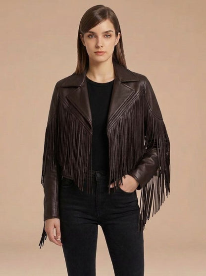 Womens Boho Western Style Fringe Leather Jacket