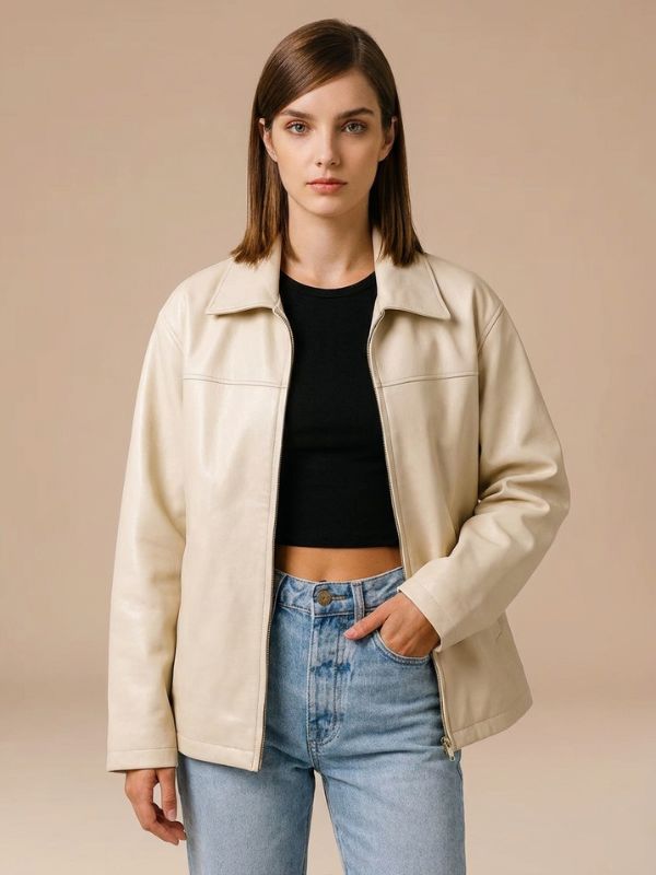 Women's Cream Oversized Leather Jacket