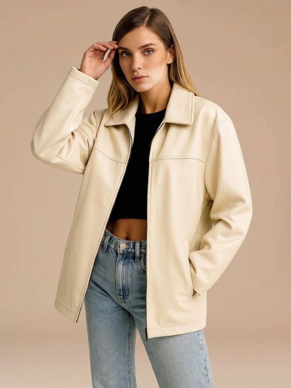 Women's Cream Oversized Leather Jacket