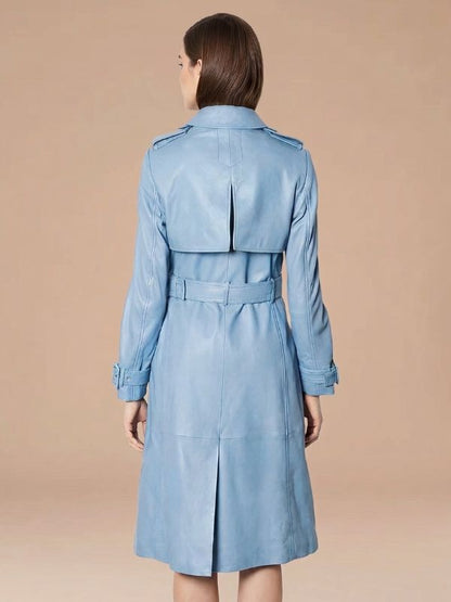 Women's Double Breasted Blue Leather Trench Coat
