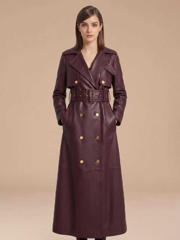 Women's Double Breasted Maroon Leather Trench Coat