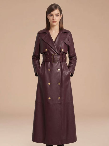 Women's Double Breasted Maroon Leather Trench Coat