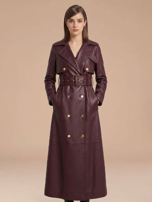 Women's Double Breasted Maroon Leather Trench Coat