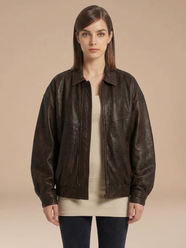 Women's Espresso Brown Oversized Leather Bomber Jacket
