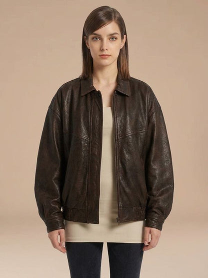 Women's Espresso Brown Oversized Leather Bomber Jacket