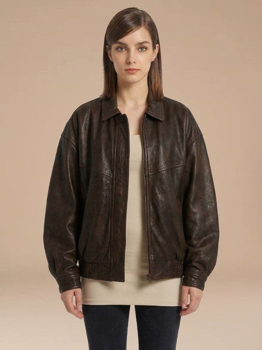 Women's Espresso Brown Oversized Leather Bomber Jacket