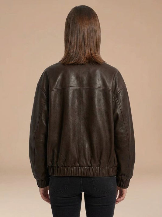 Women's Espresso Brown Relaxed Fit Leather Bomber Jacket