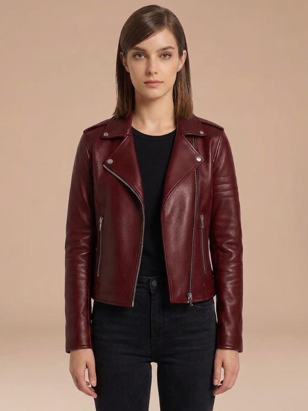 Women's Fitted Notch Lapel Leather Biker Jacket