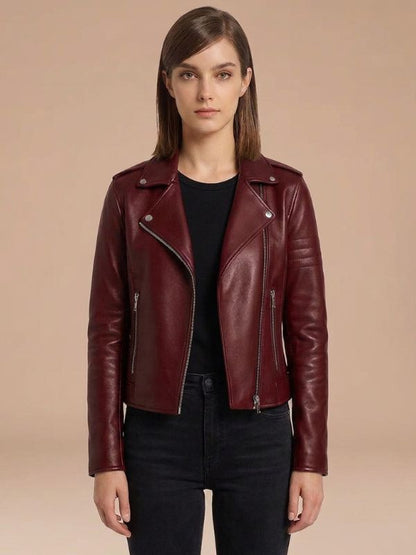 Women's Fitted Notch Lapel Leather Biker Jacket