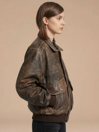 Women's Flight A2 Aviator Oversized Distressed Brown Bomber Jacket