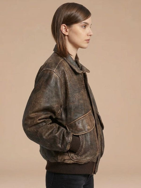 Women's Flight A2 Aviator Oversized Distressed Brown Bomber Jacket