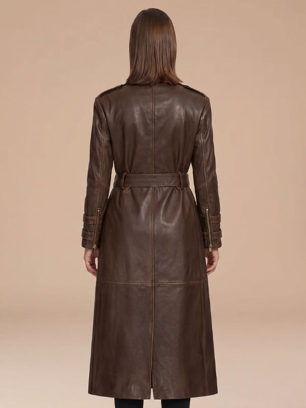 Women's Gold Button Belted Brown Leather Overcoat