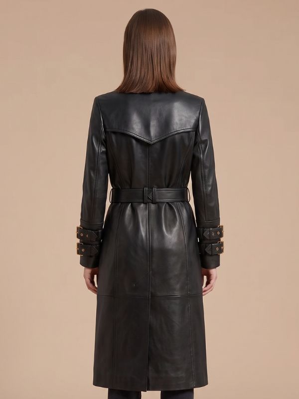 Women's Gold Button Black Leather Trench Coat