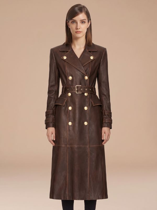 Women's Gold Button Brown Leather Trench Coat
