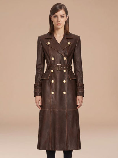 Women's Gold Button Brown Leather Trench Coat