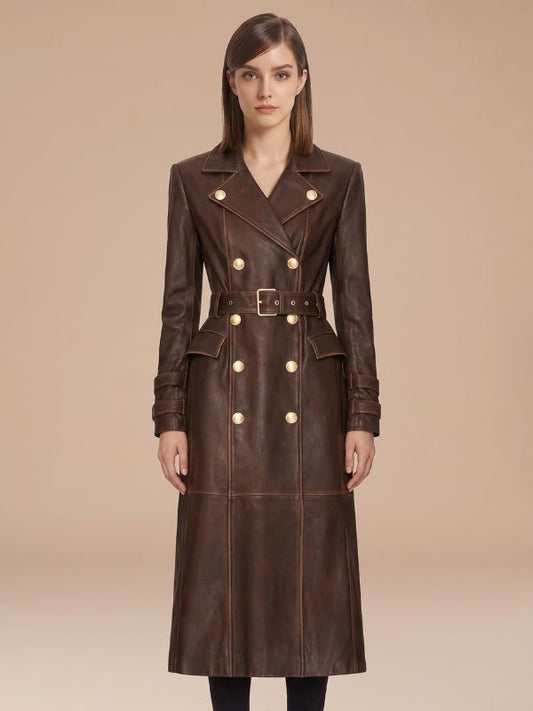 Women's Gold Button Brown Leather Trench Coat