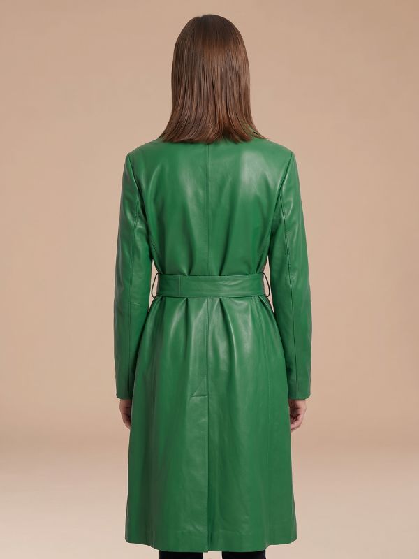Women's Green Real Lambskin Leather Trench Coat