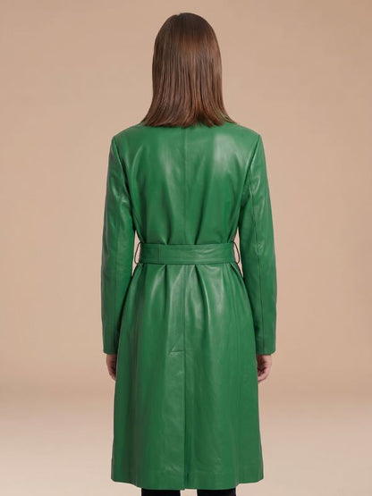 Women's Green Real Lambskin Leather Trench Coat