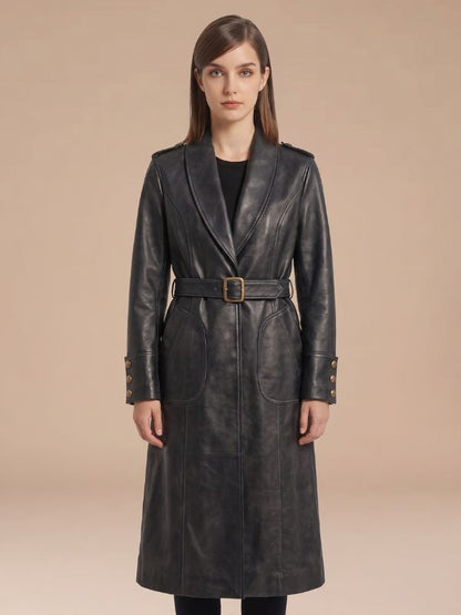 Women's Lambskin Leather Long Belted Overcoat