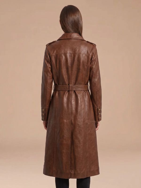 Women's Handmade Shawl Collar Leather Trench Coat Brown