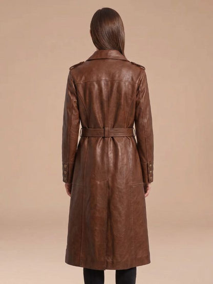 Women's Handmade Shawl Collar Leather Trench Coat Brown
