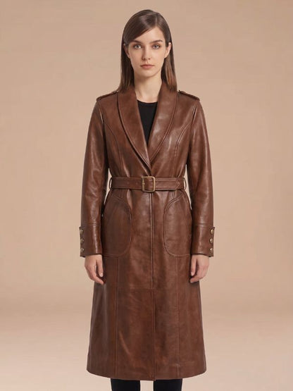 Women's Handmade Shawl Collar Leather Trench Coat