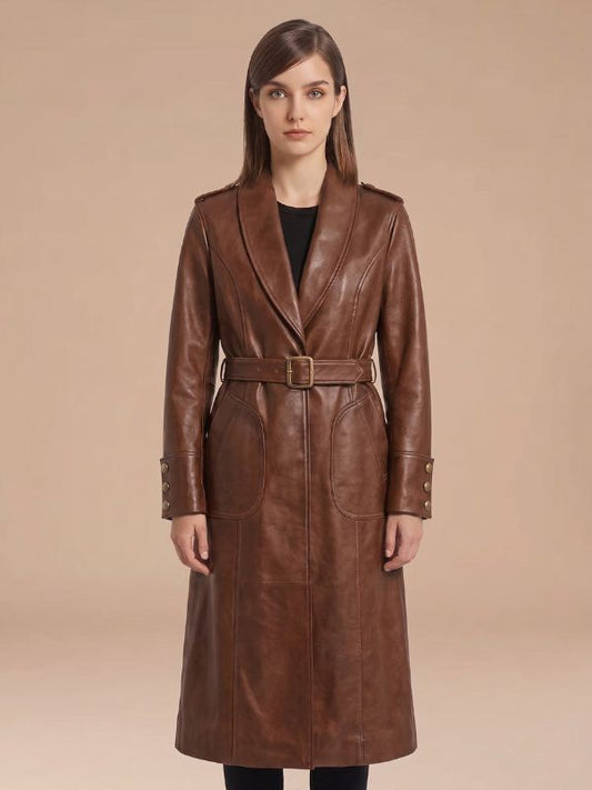 Women's Handmade Shawl Collar Leather Trench Coat