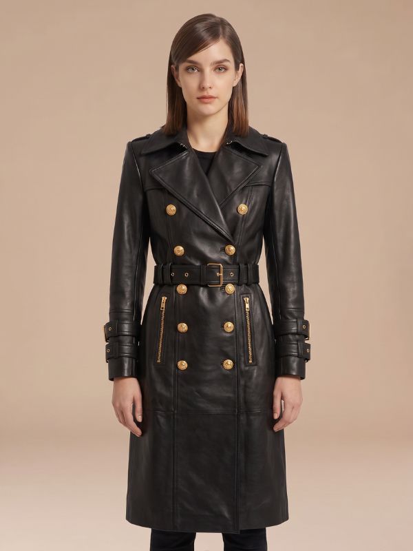 Women's Military Style Black Leather Trench Coat