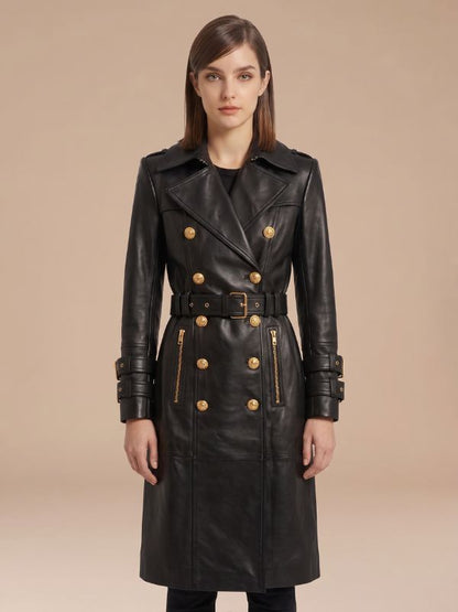 Women's Military Style Black Leather Trench Coat
