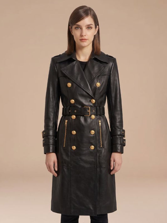 Women's Military Style Black Leather Trench Coat