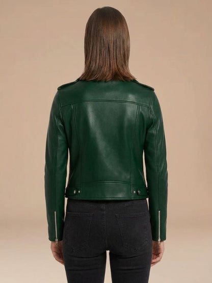 Women's Moto Style Fitted Leather Biker Jacket Back View