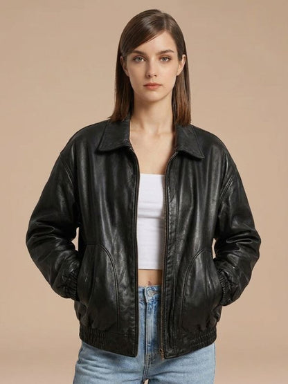 Women's Oversized Black Leather Bomber Jacket