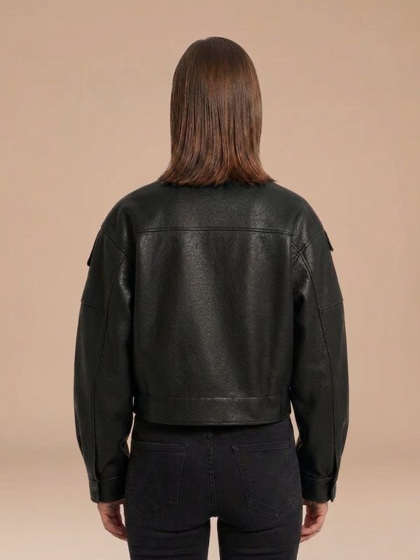 Women's Oversized Cropped Leather Jacket Black