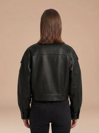 Women's Oversized Cropped Leather Jacket Black