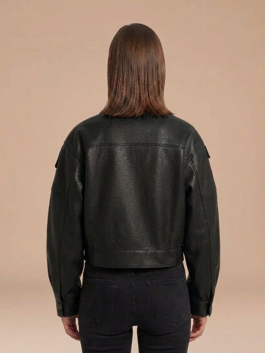 Women's Oversized Cropped Leather Jacket Black
