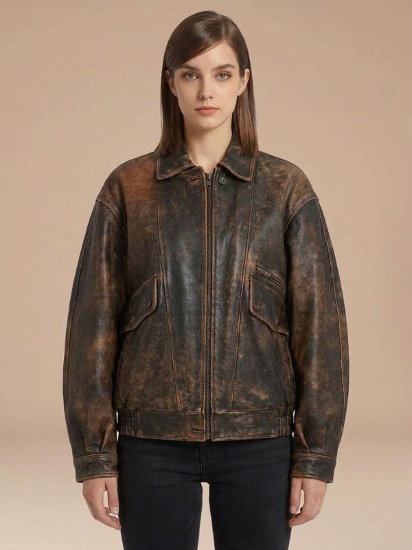 Women's Oversized Distressed Leather Bomber Jacket