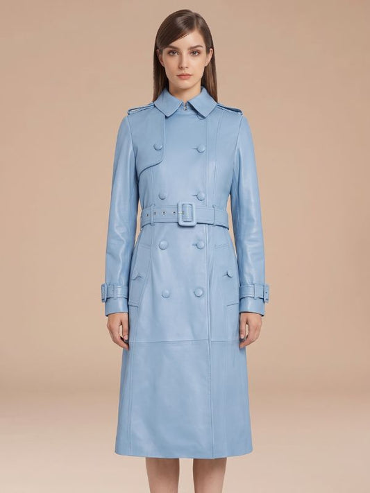 Women's Powder Blue Leather Trench Coat
