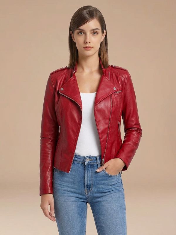 Women's Red Fitted Leather Biker Jacket