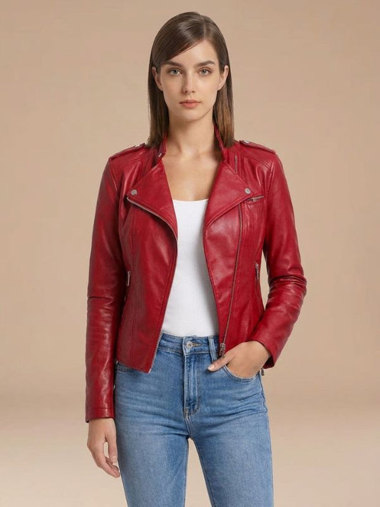 Women's Red Fitted Leather Biker Jacket