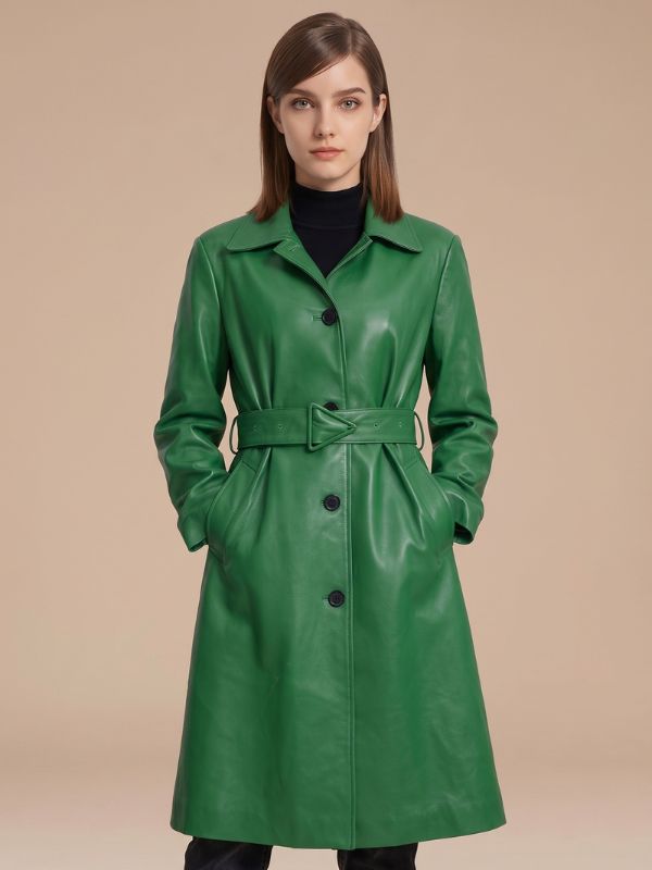 Women's Single Breasted Green Leather Trench Coat