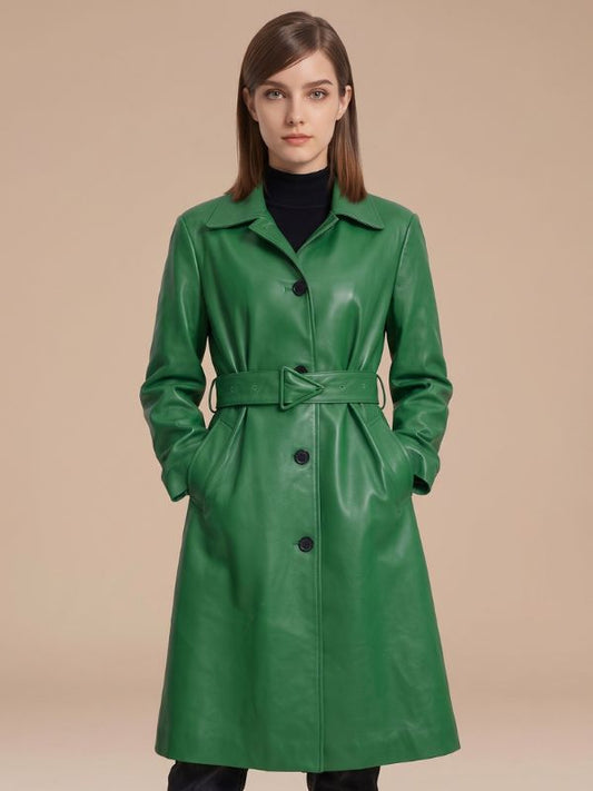 Women's Single Breasted Green Leather Trench Coat