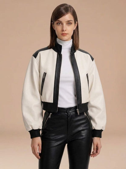 Women's Sleek Contrast Design Cropped Leather Jacket