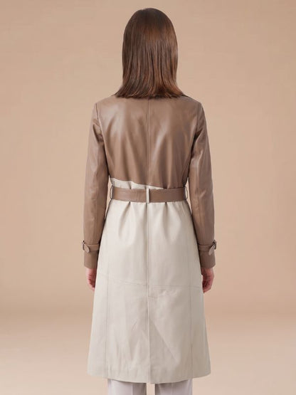 Women's Two-Tone Leather Trench Coat with Contrast Belt Detail