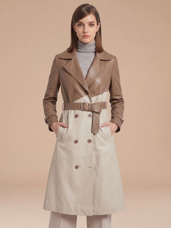 Women's Two-Tone Taupe & Cream Leather Trench Coat