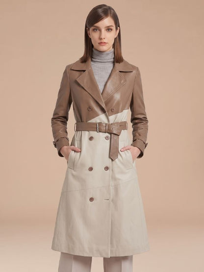 Women's Two-Tone Taupe & Cream Leather Trench Coat